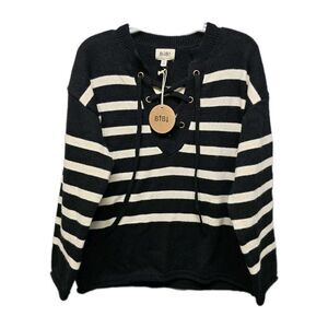 Bibi Women's Pullover Sweater Size Medium Black And White Stripes Long Sleeves